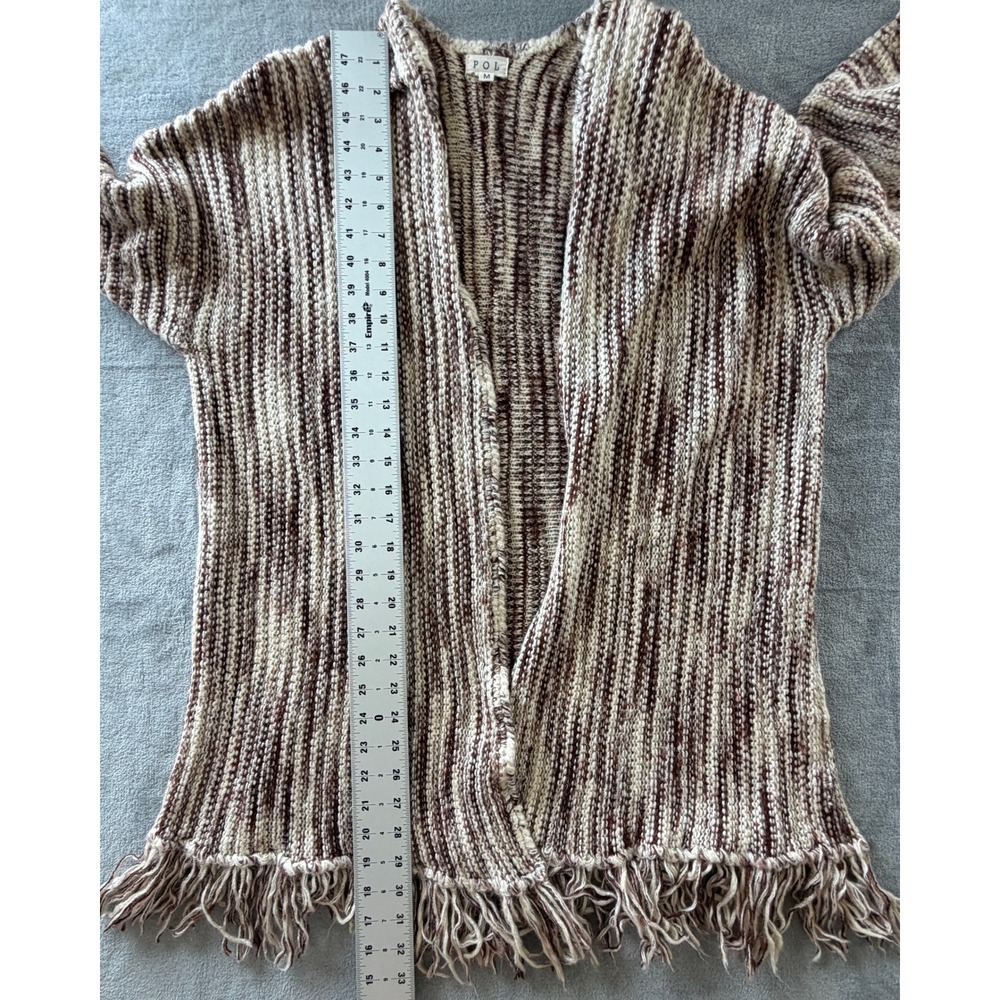 POL Open Front Cardigan Sweater Womens M Brown Cream Space Dye Fringe Boho - Picture 7 of 7